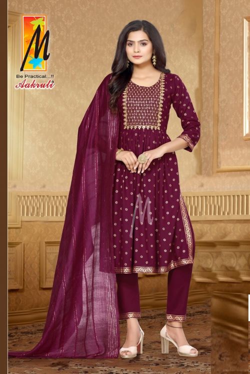 Master Aakruti Printed Rayon Nyra Cut Kurti With Bottom Dupatta Collection