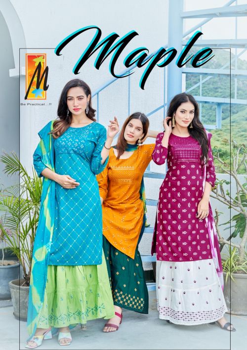 Master Maple Embroidery Rayon Designer Kurti Skirt With Dupatta Set