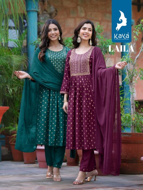 Kaya Laila Nayra Cut Rayon Fancy Kurti Pant With Dupatta Collection