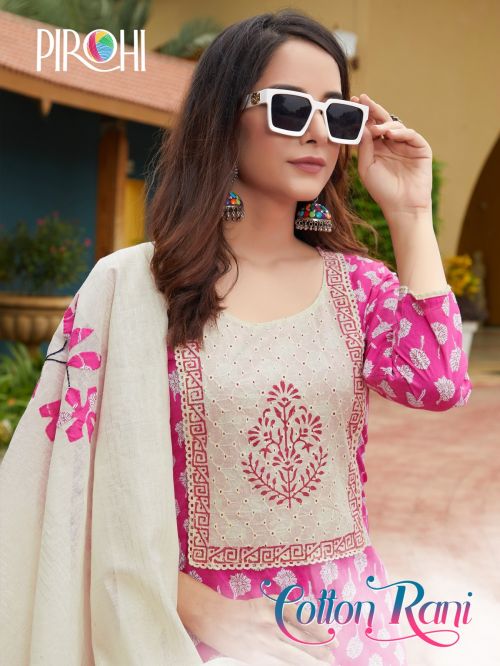 Pirohi Cotton Rani Cotton Ready Made Kurti Pant With Dupatta Collection