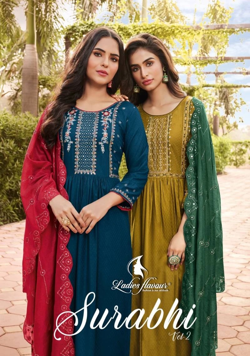Ladies Flavour Vol 2 Surabhi Hevay Embroidery Work Kurti Pant With Dupatta Set