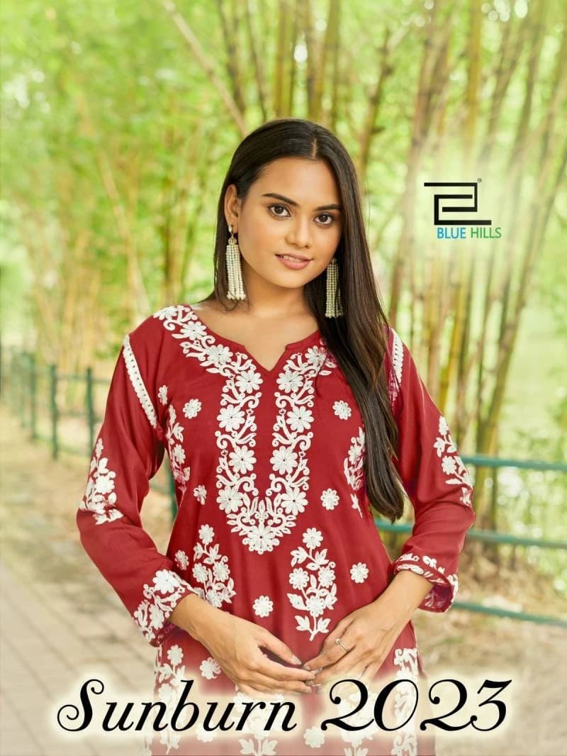 Blue Hills Sunburn 2023 Thead Work Kurti With Pant Collection