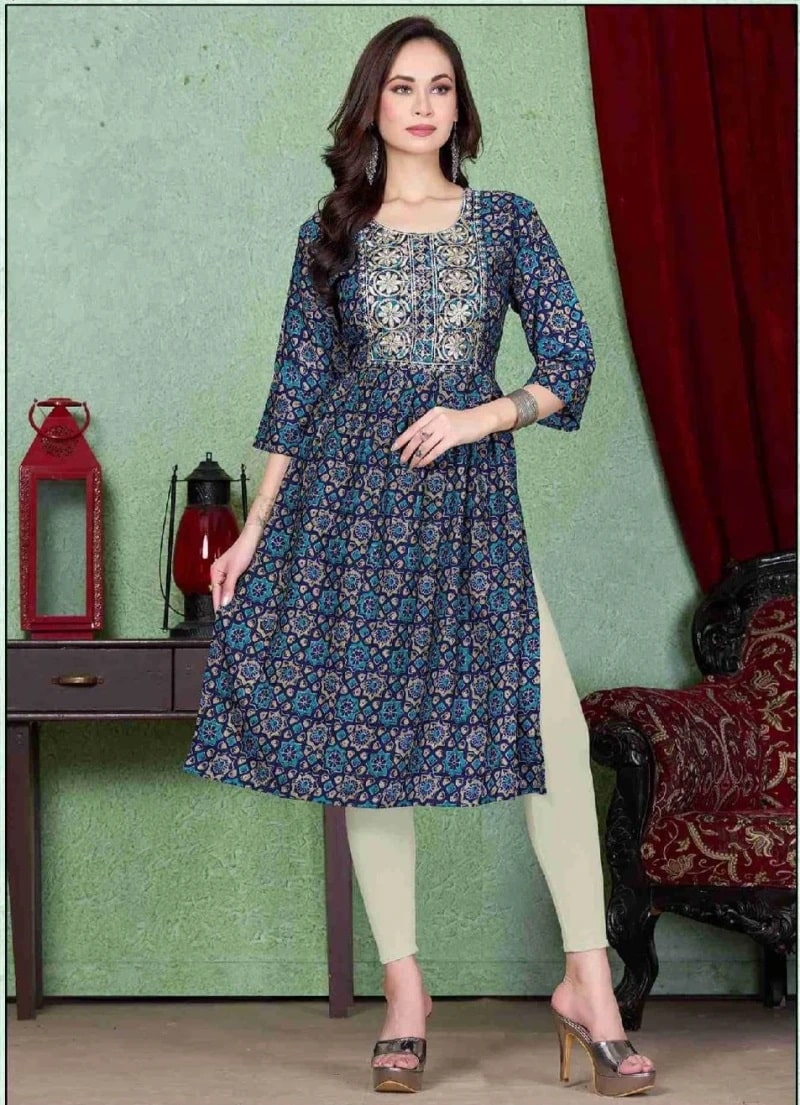 Beauty Chahal Viscose Embroidery Work Naira Cut Kurti Collection