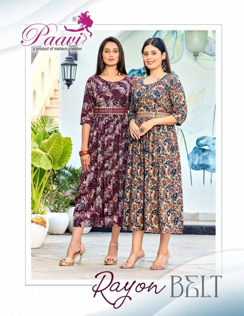 Paavi Rayon Belt Printed Stylish Designer Kurtis Wholesale