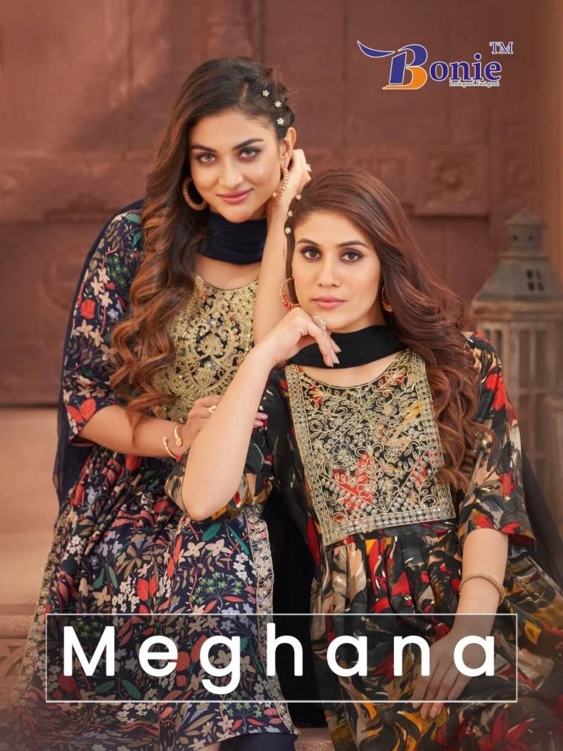 Bonie Meghana Vol 1 Printed Naira Cut Kurti Pant Set With Dupatta