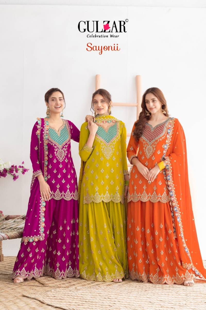 Gulzar Sayonii Premium Chinnon Heavy Worked Designer Salwar Suits