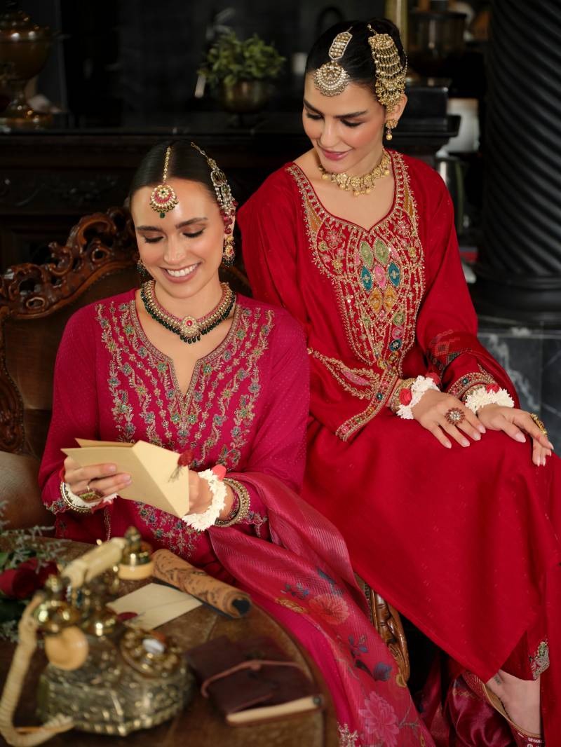 Lily And Lali Sindoor Viscose Handwork Kurti Bottom With Dupatta Collection