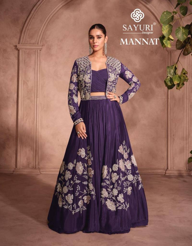 Sayuri Mannat Chinon Silk Embroidered Wedding Shrugs with Lehenga Set