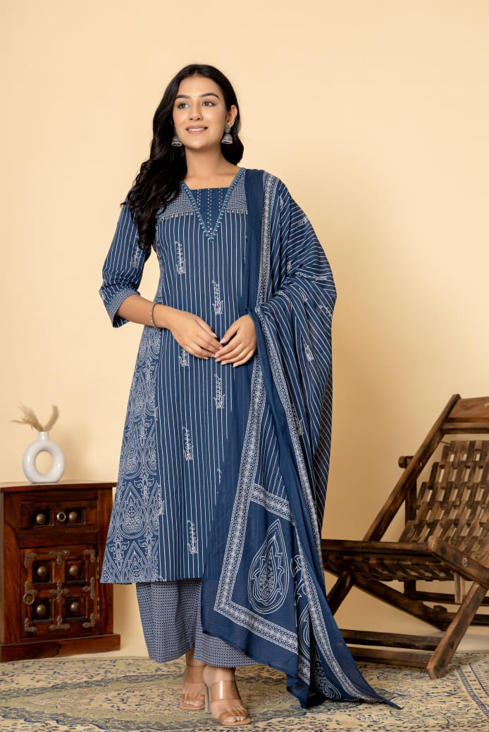 Naisha K 309 Cotton Casual Wear Kurti And Plazzo Dupatta Collection
