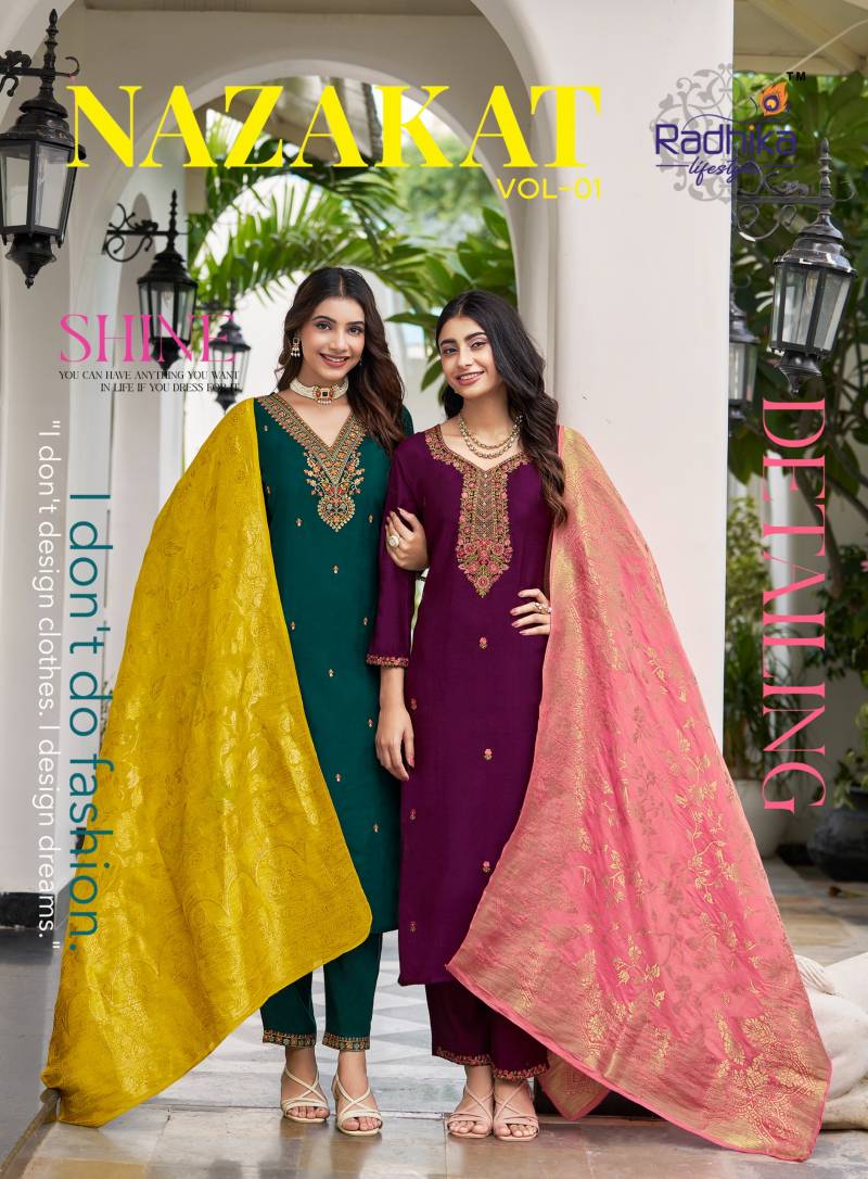 Radhika Nazakat Vol 1 Silk Designer Kurti Pant And Dupatta Collection