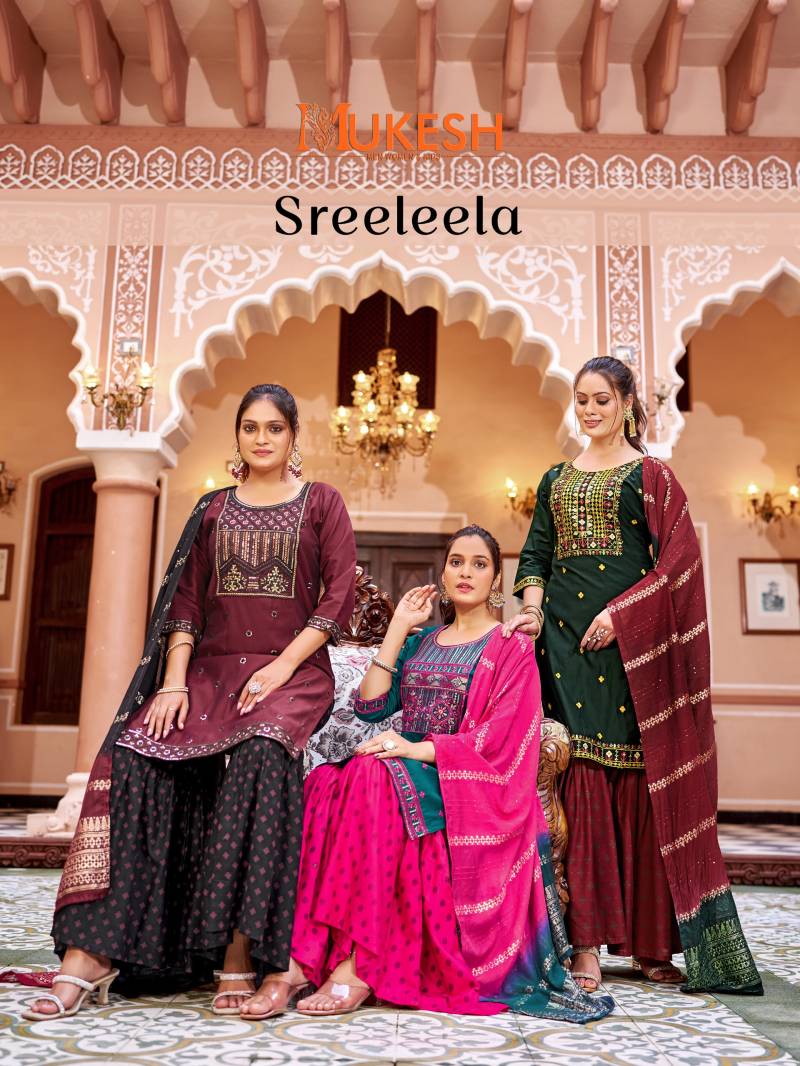Mukesh Sree Leela Gadhawal Silk Designer Kurti Pant And Dupatta Collection
