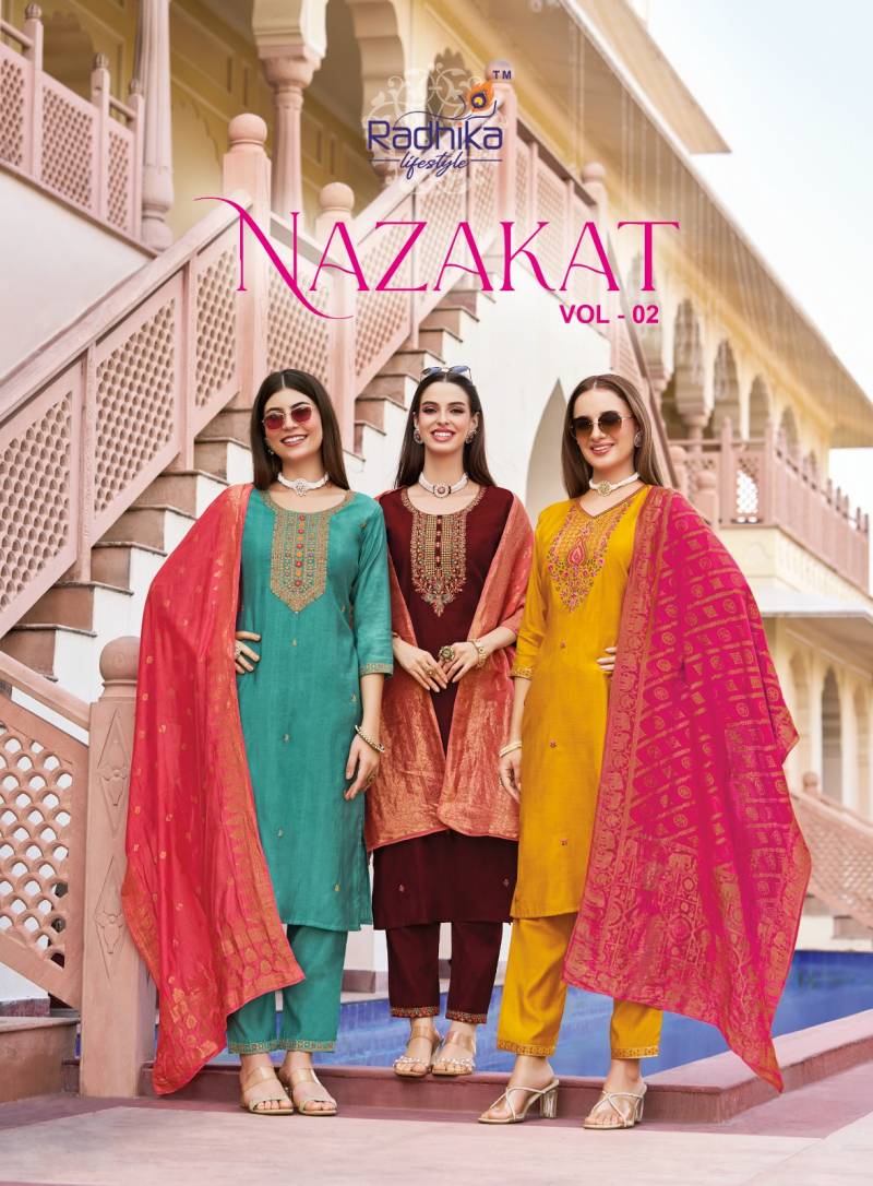 Radhika Nazakat Vol 2 Vertican Silk Designer Kurti Bottom And Dupatta Collection