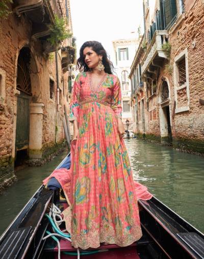 Geet 10074 To 76 Real Chinon Silk Designer Gown With Dupatta Collection