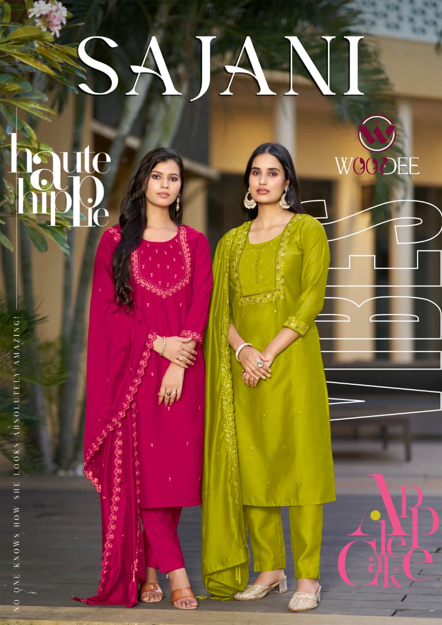 Woodee Sajani Viscose Gadhwal Designer Kurti Pant And Dupatta Collection