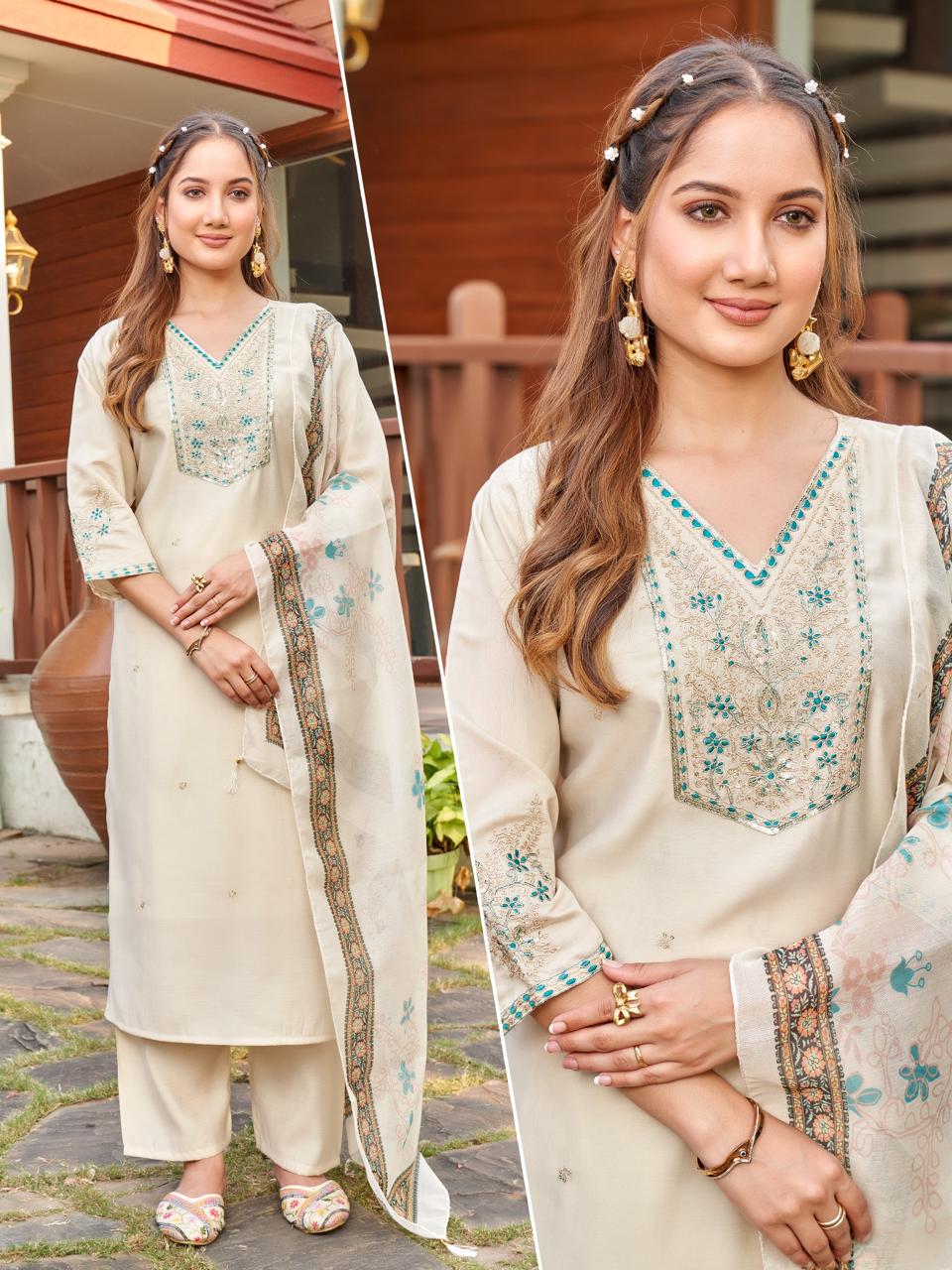 Naisha K 519 Roman Silk Embroidered Kurti With Bottom and Dupatta Collections