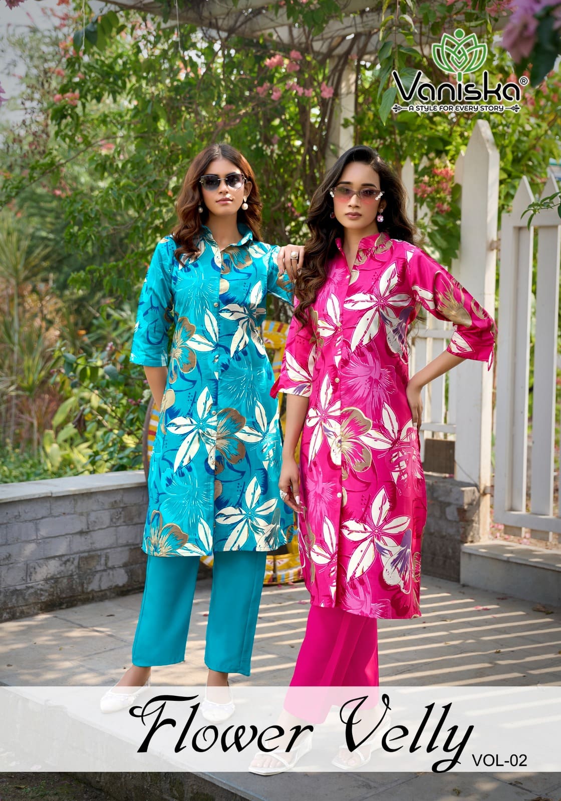 Vaniska Flower Velly Vol 2 Printed Aline Cut Kurti And Pant Collection