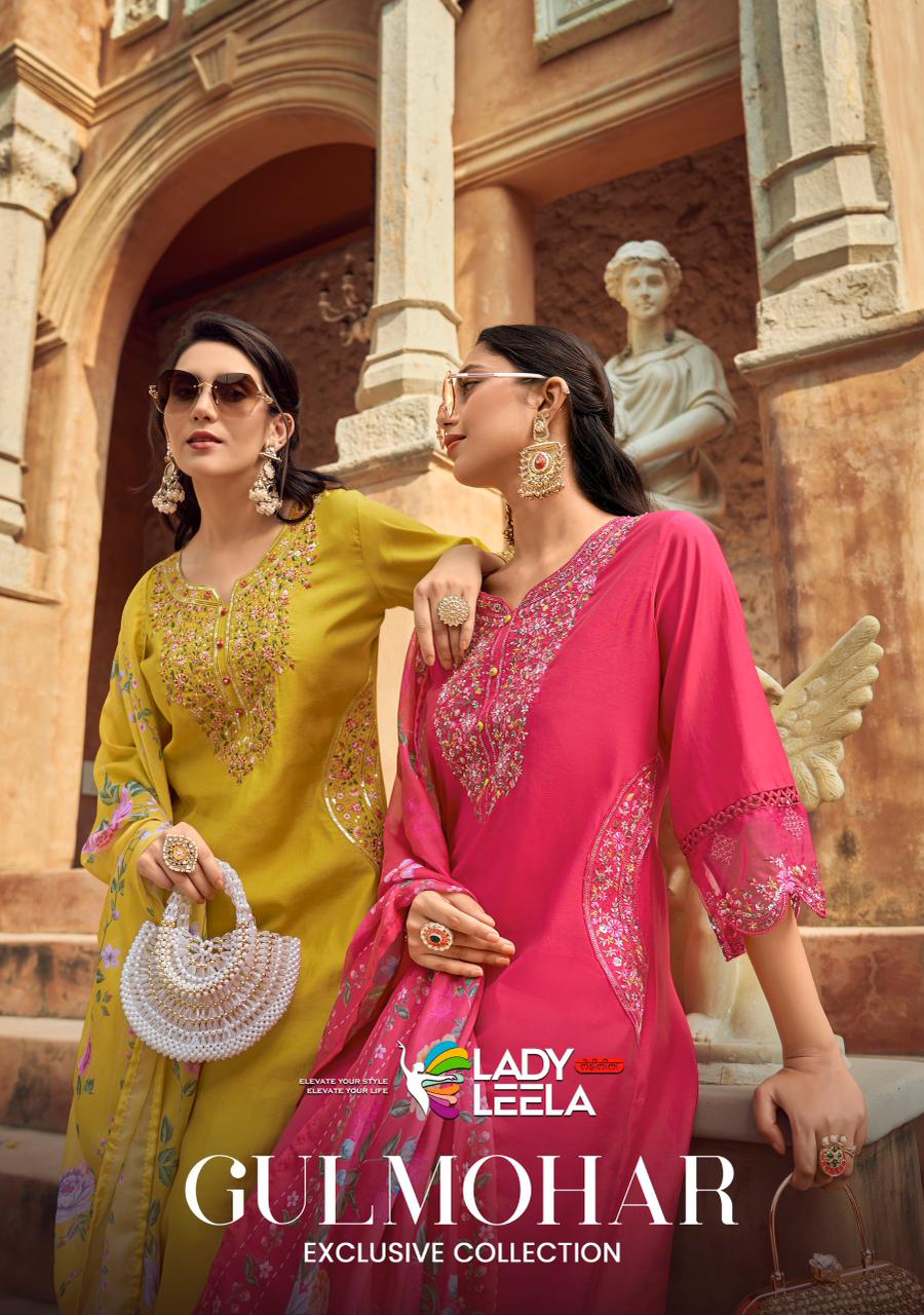 Lady Leela Gulmohar Viscose Silk Kurti Pant And Dupatta Collection
