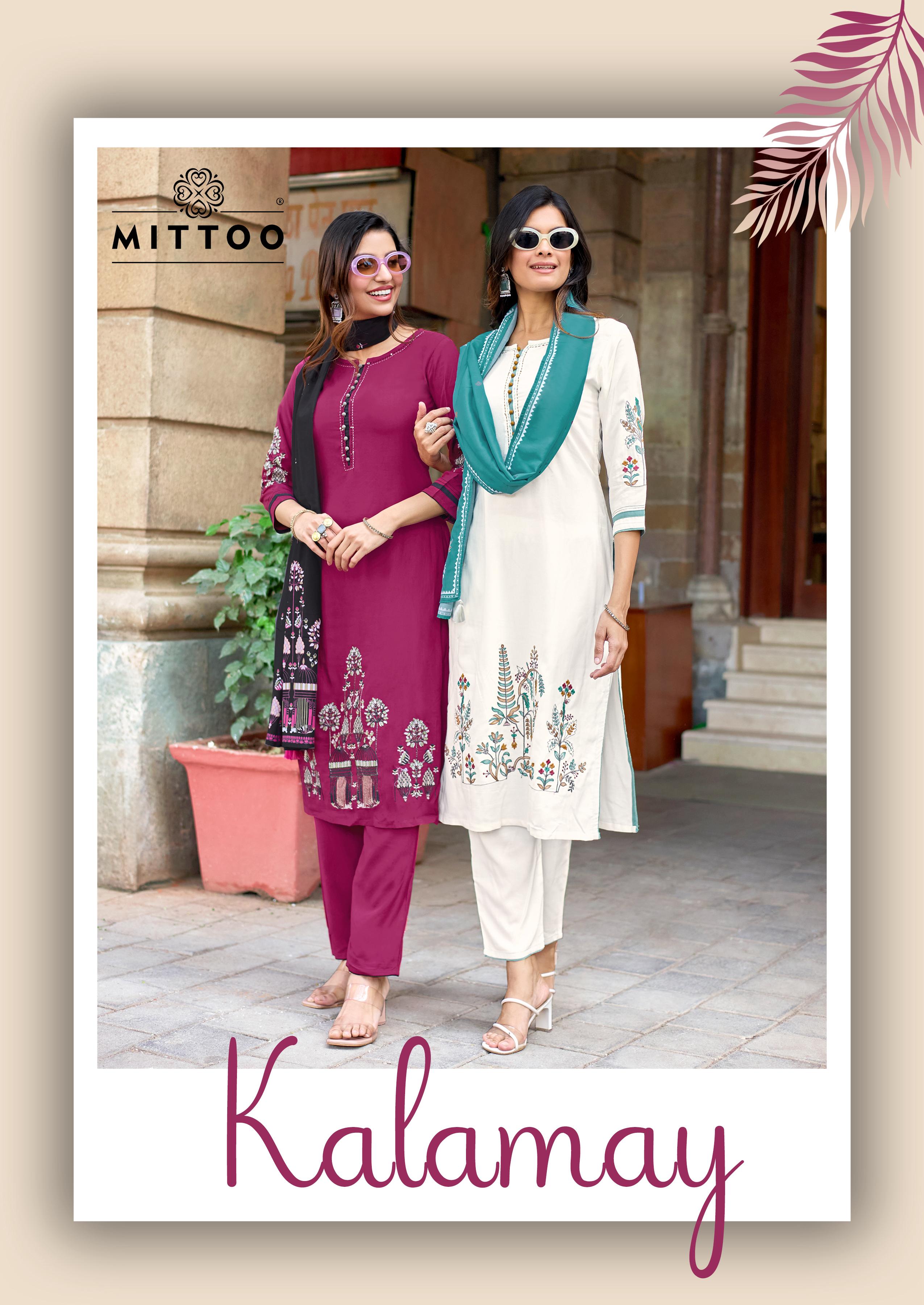 Mittoo Kalamay Rayon Designer Kurti Pant And Dupatta Collection
