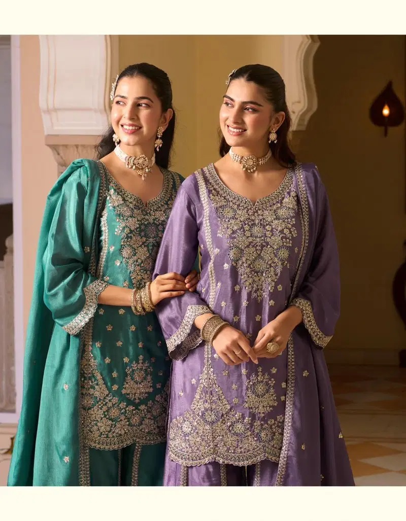 Sanika Pehar Chinon Silk Designer Mirror Work Salwar Bottom And Dupatta