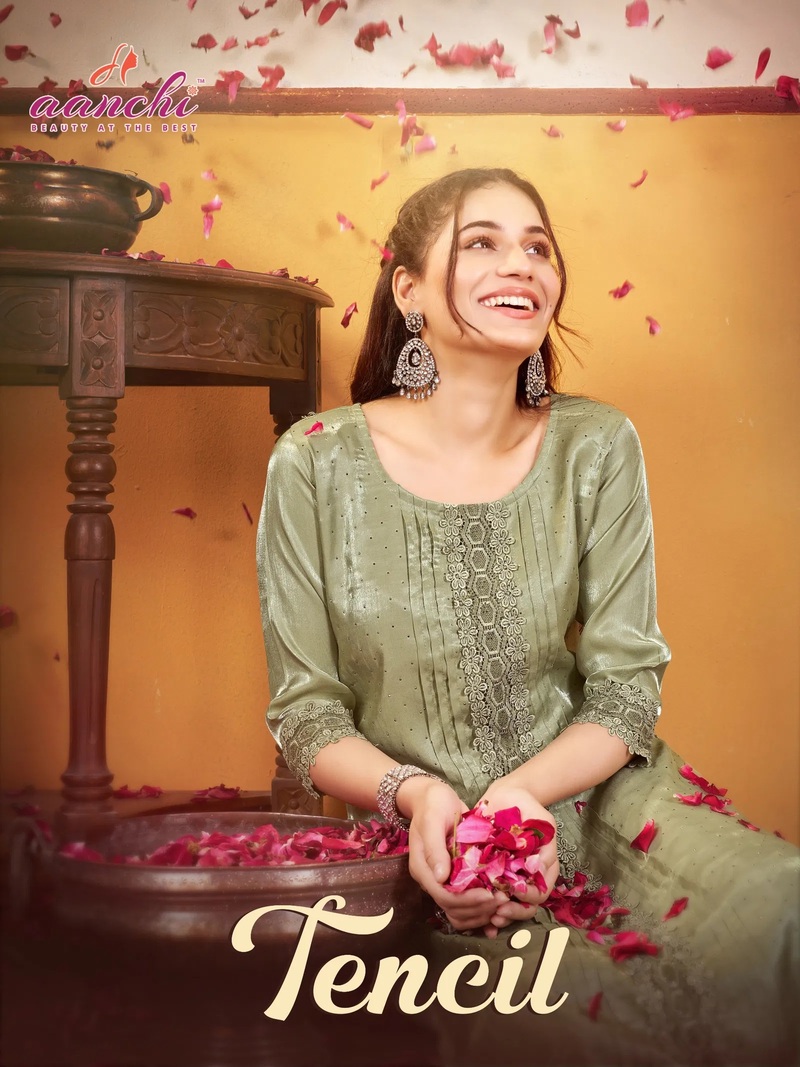 Aanchi Tencil Galaxy Satin Designer Kurti Collection