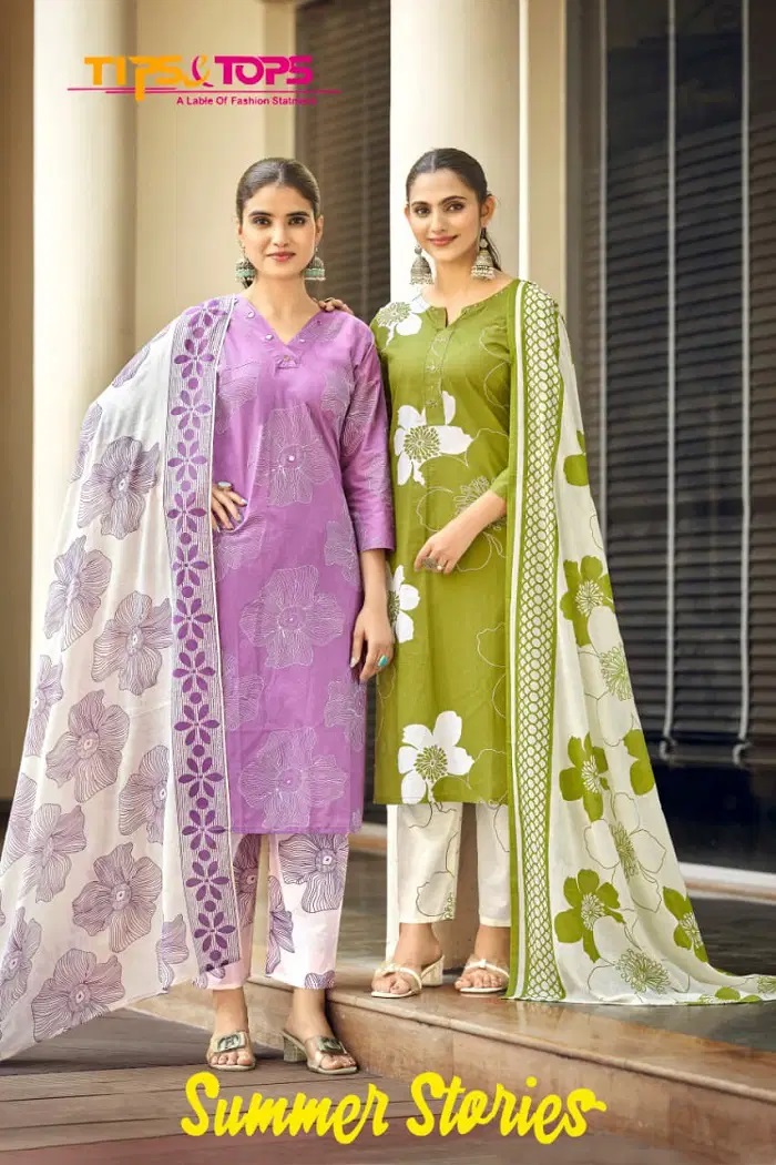 Tips And Tops Summer Stories Printed Cotton Kurti 3 Piece Set