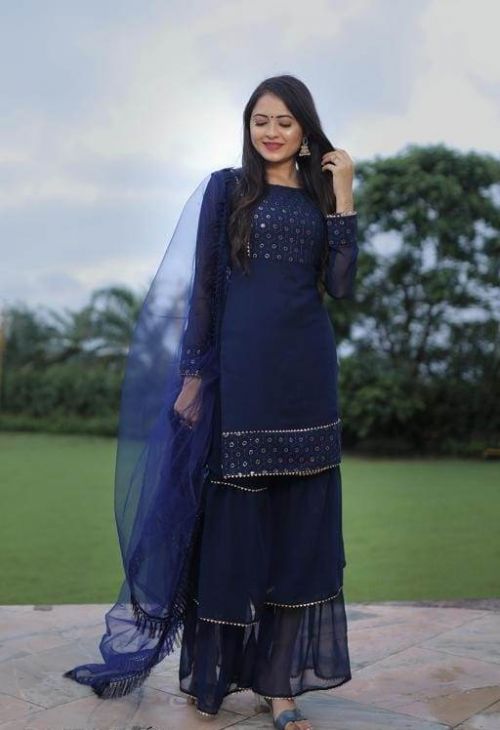 Bright Blue Georgette Kurti With Bottom Dupatta Set