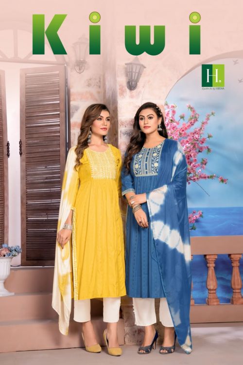 Hirwa Kiwi Viscose Rayon Nayra Cut Kurti Bottom Dupatta Collection