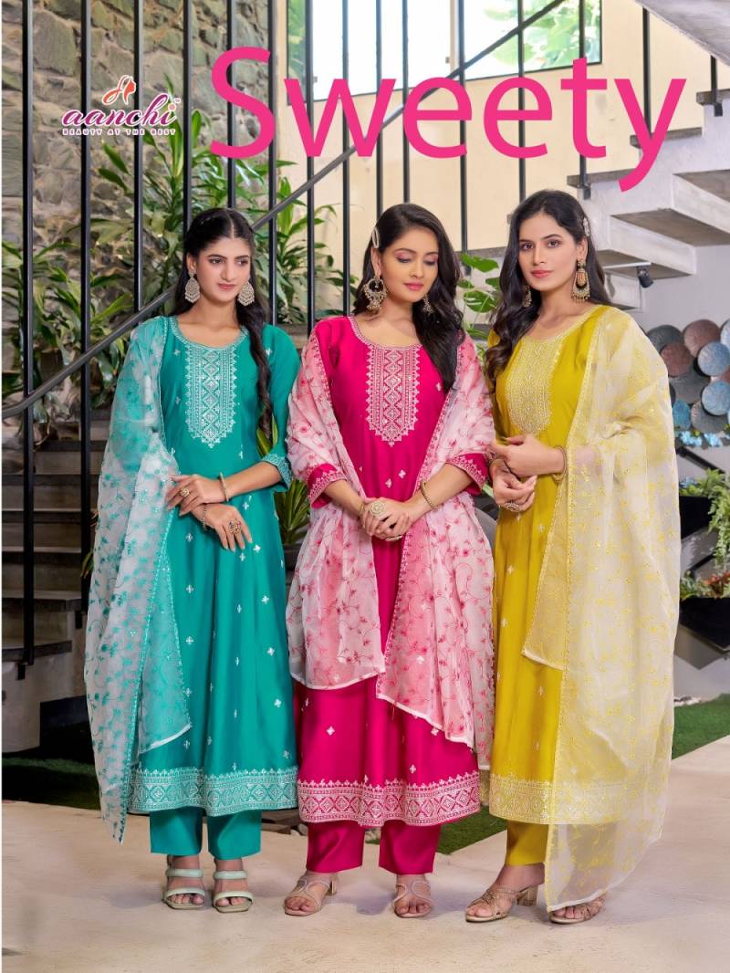 Aanchi Sweety Roman Silk Kurti Bottom With Dupatta Collection