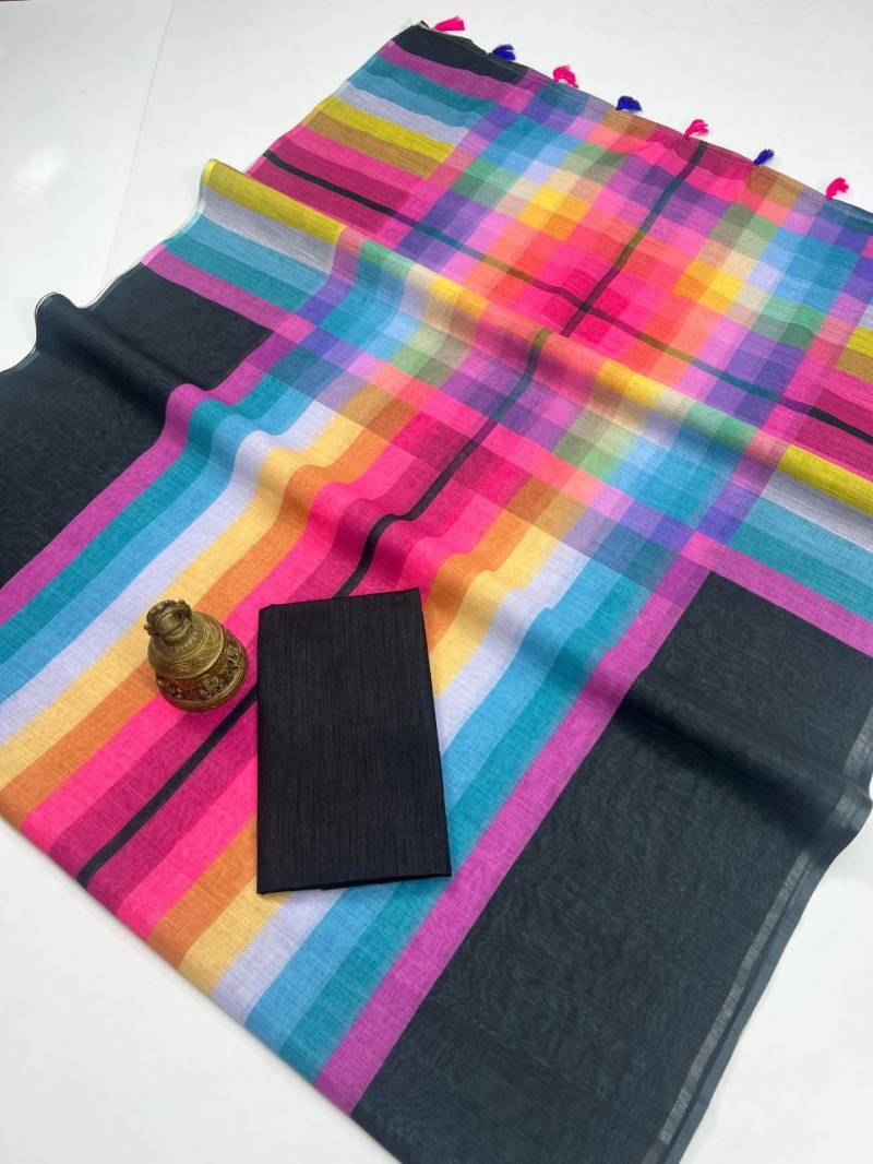 Sc Checks Linen Cotton Crafted With Checks Saree Collection