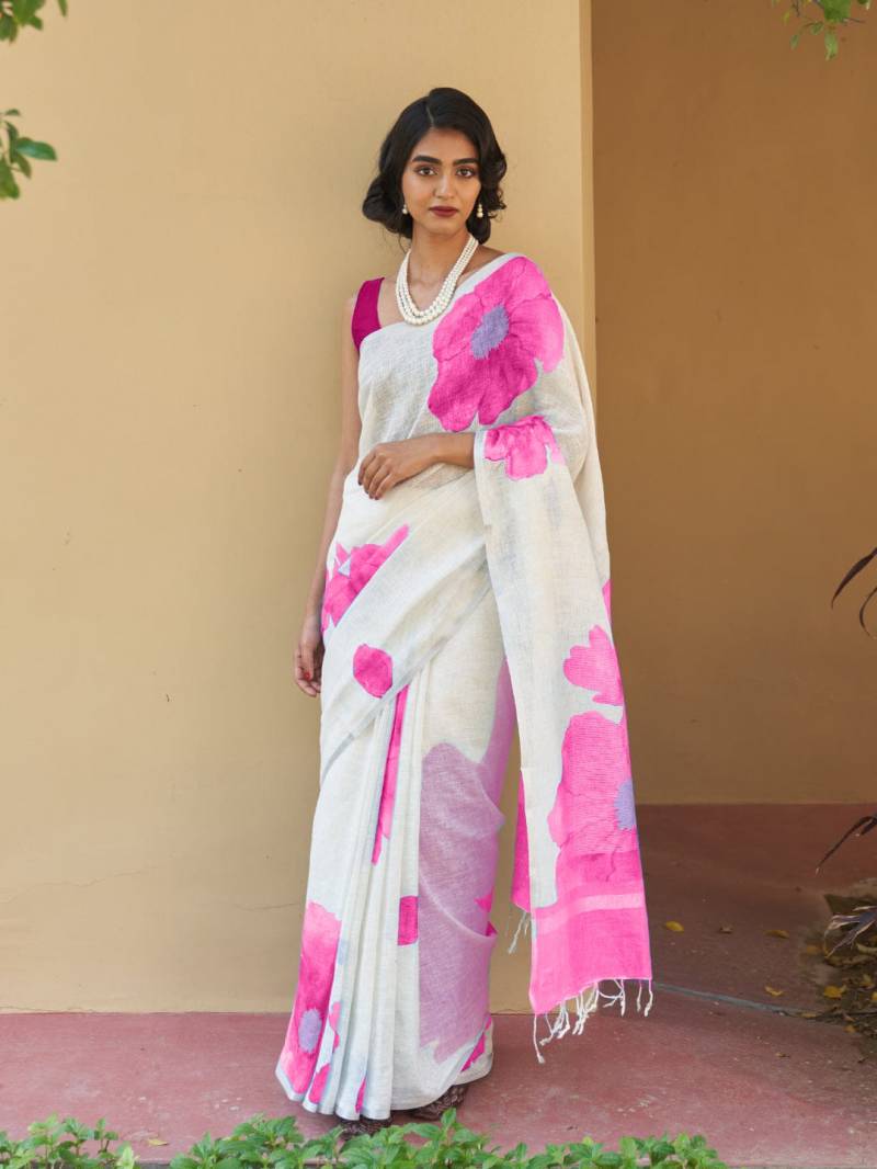 Scmg Flora Linen Cotton Printed Saree Collection