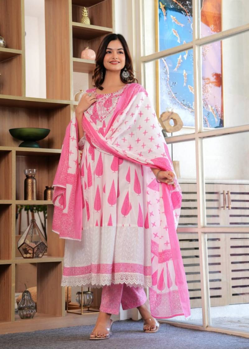 Naisha K 292 Anarkali Printed Cotton Kurti Pant And Dupatta Collection