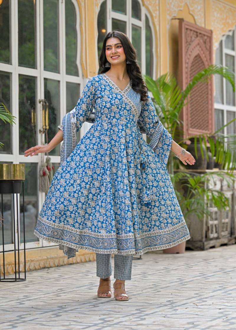 Naisha K 328 Anarkali Cotton Kurti Pant And Dupatta Collection