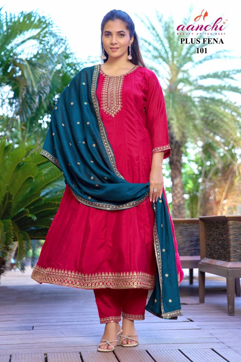 Aanchi Plus Fena Vichitra Silk Anarkali Kurti Pant And Dupatta Collection