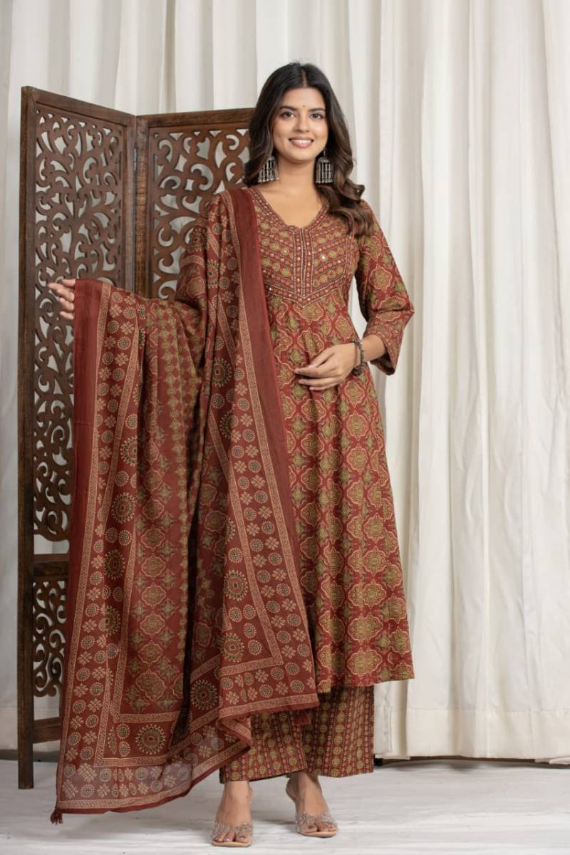 Naisha K 450 Cotton Printed Anarkali Kurti Bottom With Dupatta Collection