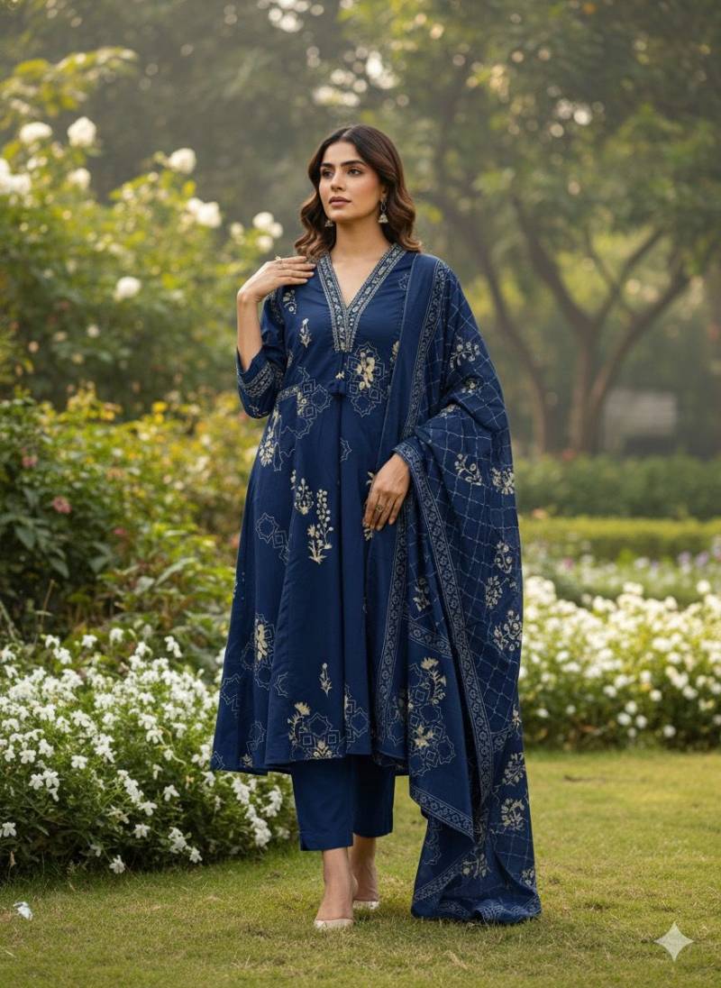Naisha K 462 Cotton A Line Anarkali Style Kurti Pant And Dupatta Collection