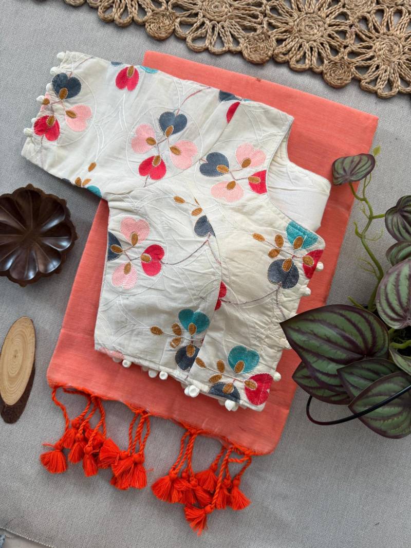 Sccf Ready H Embroidery Work Blouse Khadi Cotton Plain Saree Collection