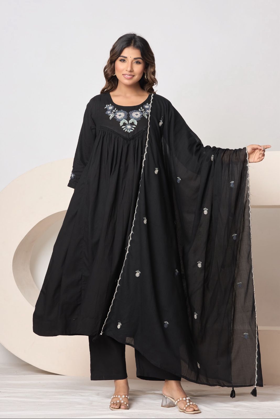 Naisha K 595 Cotton Anarkali Style Top Bottom And Dupatta