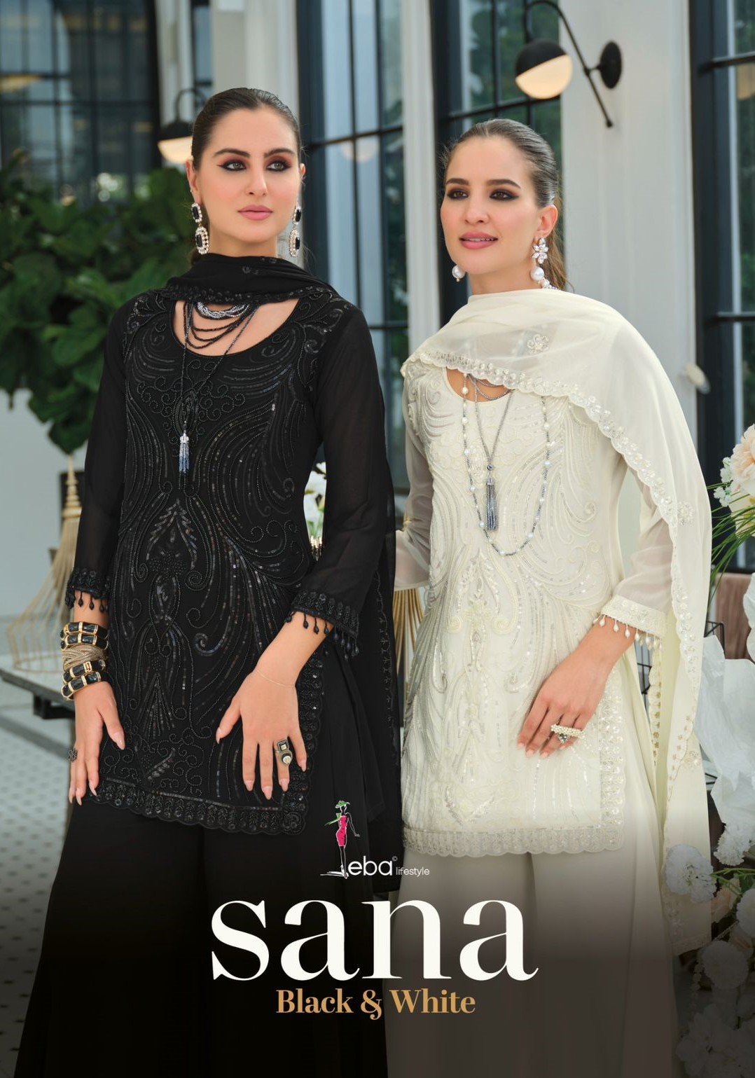 Eba Sana Black And White Beats Work Salwar Palazzo Set With Dupatta