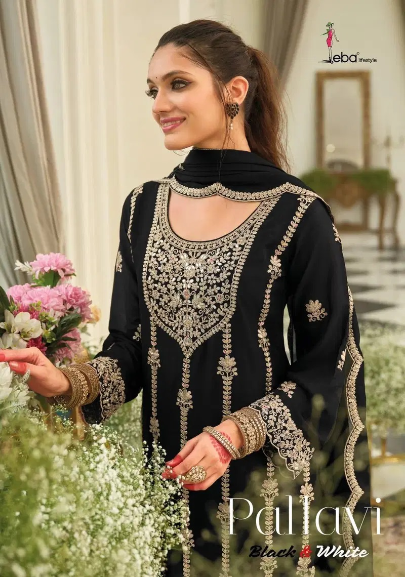 Eba Pallavi Black And White Chinon Embroidery Work Salwar Suits