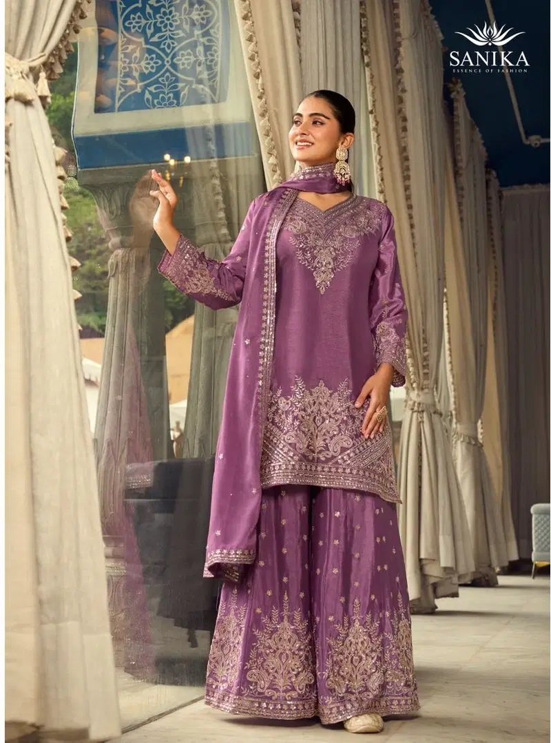 Sanika Rithika Chinon Silk With Embroidery Work Salwar Palazzo Set With Dupatta
