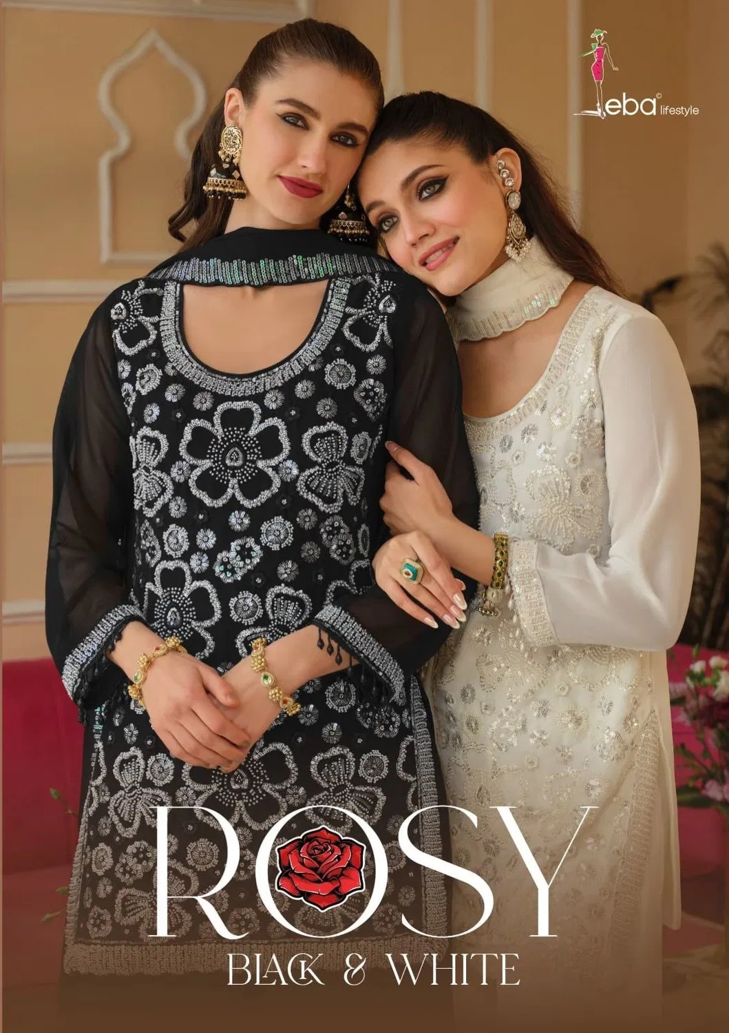 Eba Rosy Black And White Beats Work Salwar Palazzo With Dupatta