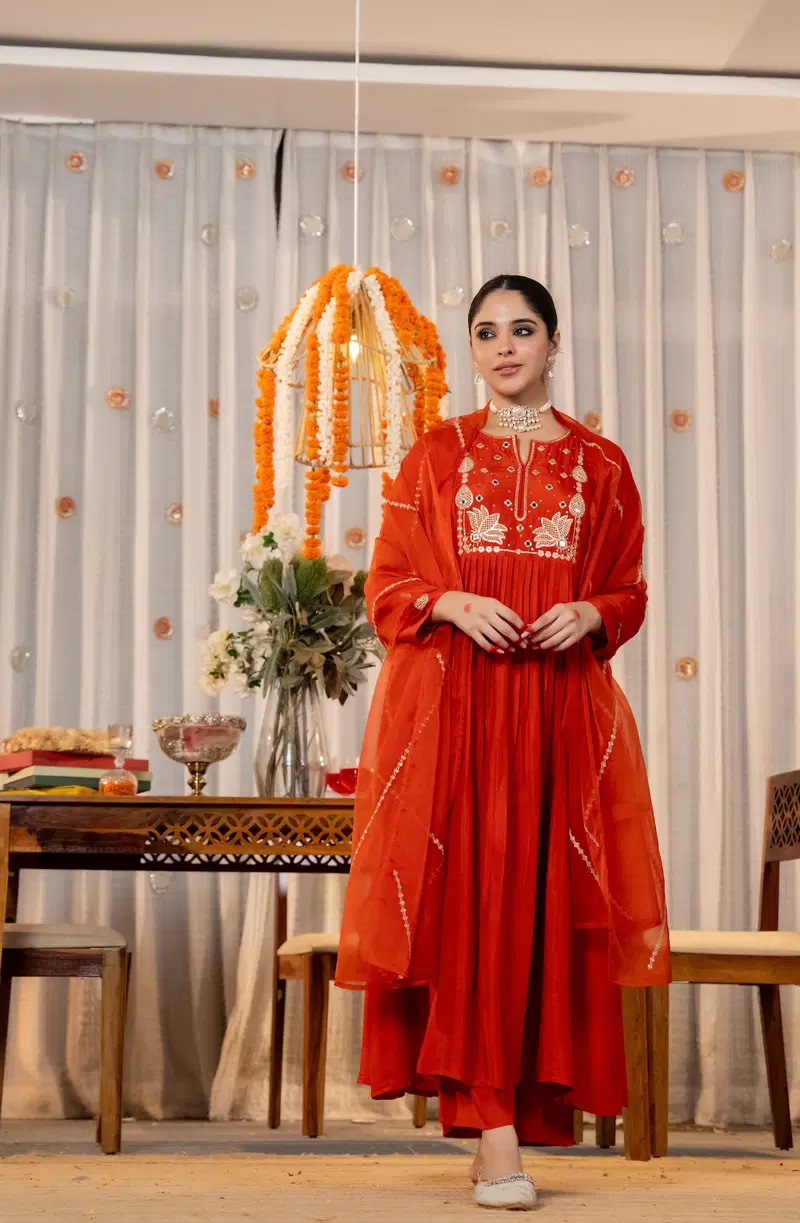 Rupal 01 Chanderi Silk Embroidered Anarkali Kurti Pant And Dupatta