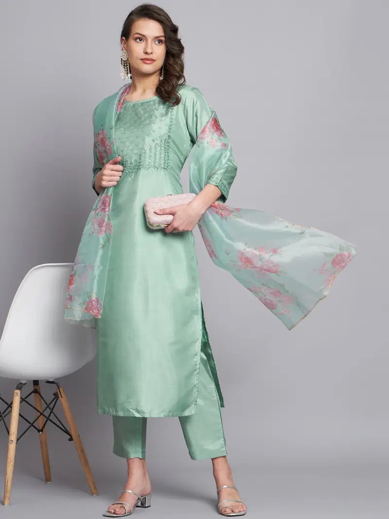 Vp 9199 Sea Green Silk 2 Embroidered Kurti Set Collection