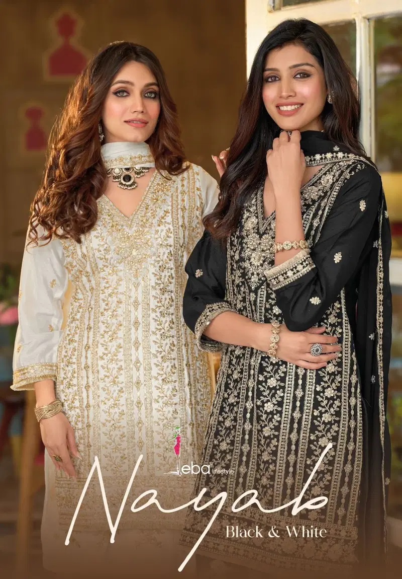Eba Nayaab Black And White Chinon Embroidered Salwar Suits