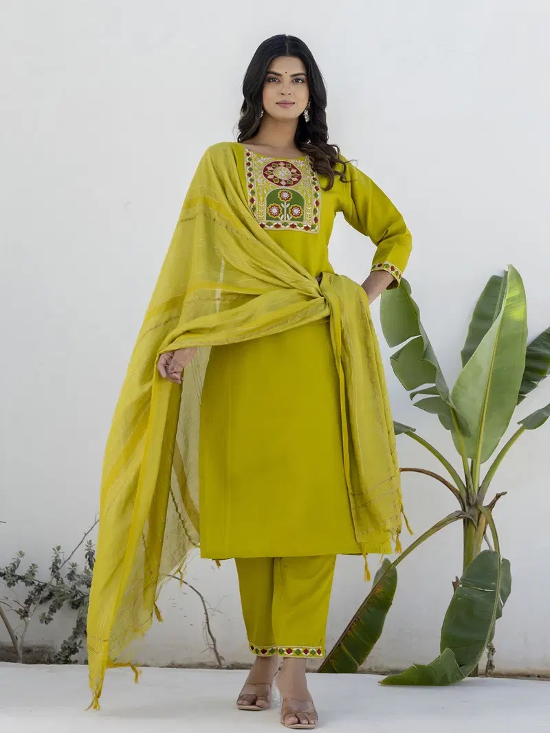 Vp 9209 Lemon Cotton Kurti Pant With Dupatta
