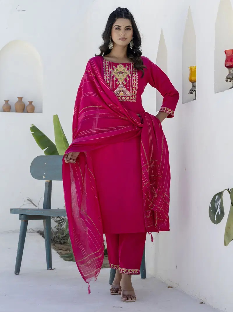 Vp 9709 Pink Cotton Kurti Pant With Dupatta Collection
