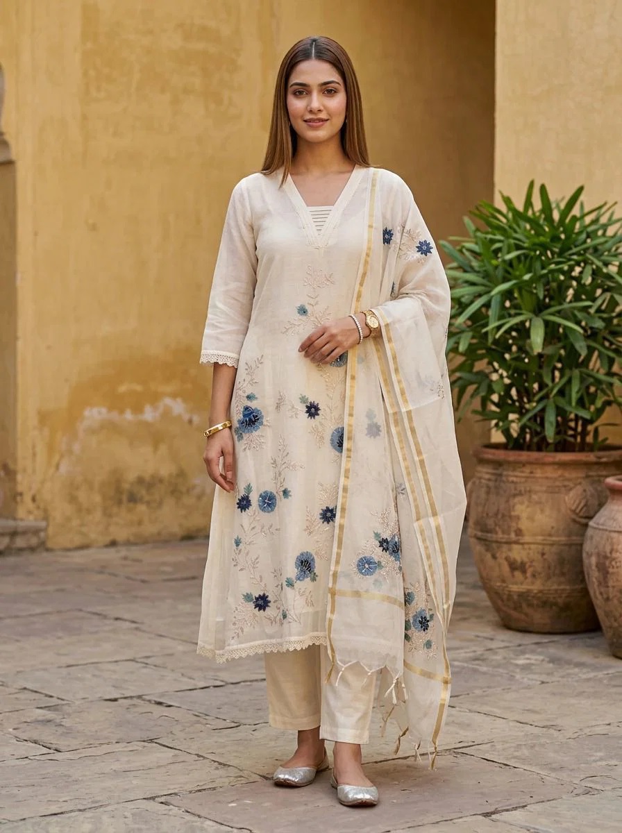 Naisha K 936 Pure Mul Chanderi Kurti With Pant Dupatta