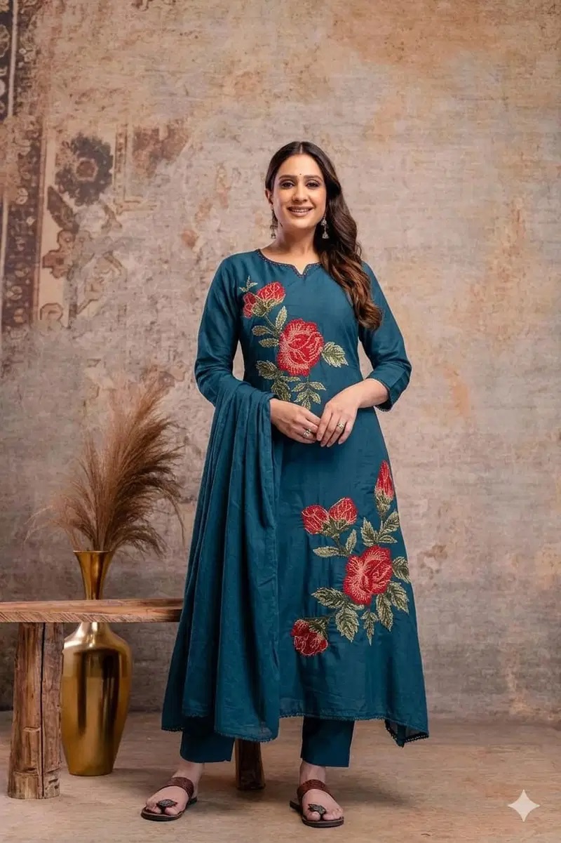 Naisha K 940 Mul Mul Embroidered Kurti Set With Dupatta