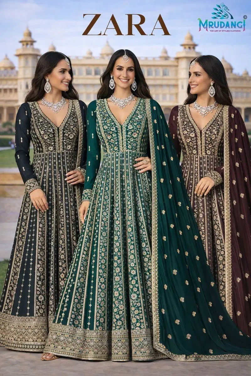 Mrudangi Zara Chinon Silk Designer Gown With Dupatta