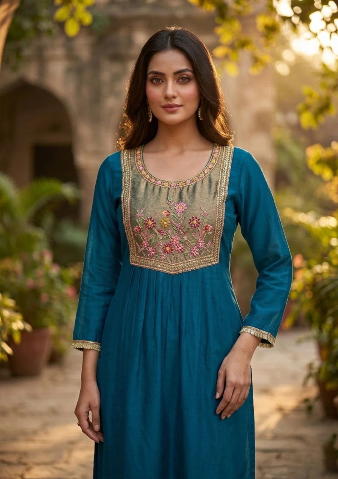 Vitara Meera Mul Chanderi Neck Work Kurti Bottom With Dupatta